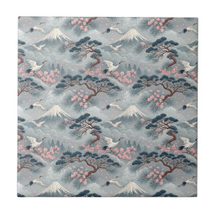 Japanese Cranes & Cherry Blossom Mt Fuji Pattern Ceramic Tile