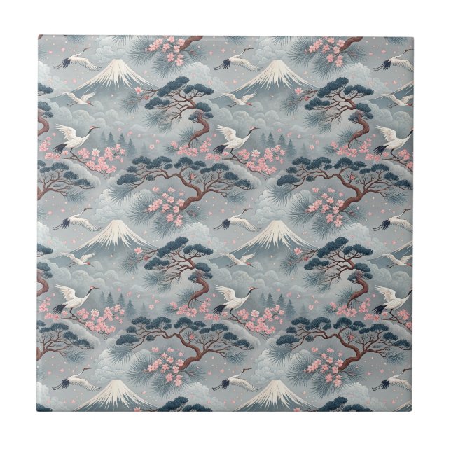 Japanese Cranes & Cherry Blossom Mt Fuji Pattern Ceramic Tile (Front)
