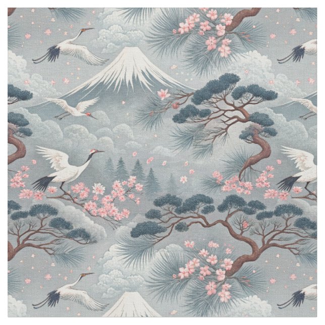 Japanese Cranes & Cherry Blossom Mt Fuji Pattern Fabric (Close Up)
