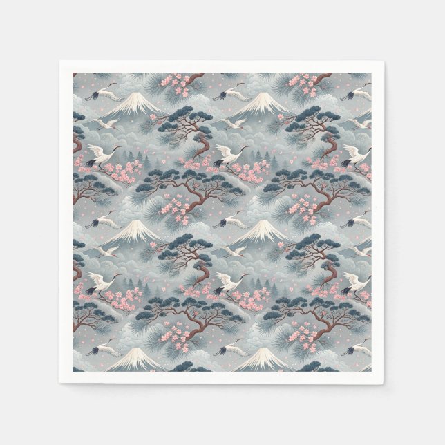 Japanese Cranes & Cherry Blossom Mt Fuji Pattern Napkin (Front)
