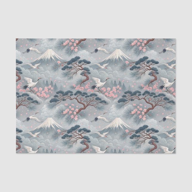 Japanese Cranes & Cherry Blossom Mt Fuji Pattern Tissue Paper (Front)