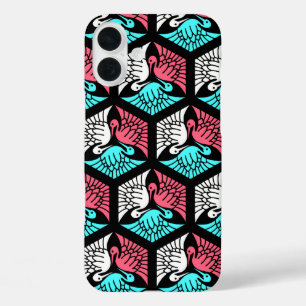 Japanese Cranes, Coral, Turquoise and Black iPhone 16 Plus Case