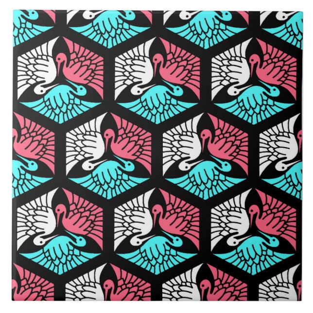 Japanese Cranes, Coral, Turquoise and Black Ceramic Tile (Front)