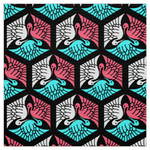 Japanese Cranes, Coral, Turquoise and Black Fabric