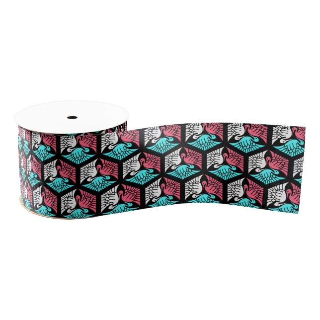 Japanese Cranes, Coral, Turquoise and Black  Grosgrain Ribbon (Spool)