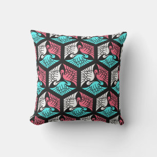Japanese Cranes, Coral, Turquoise and Black Outdoor Cushion