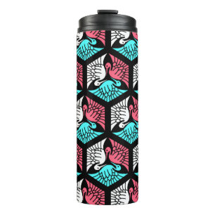 Japanese Cranes, Coral, Turquoise and Black Thermal Tumbler