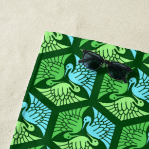 Japanese Cranes, Jade Green and Light Blue Beach Towel