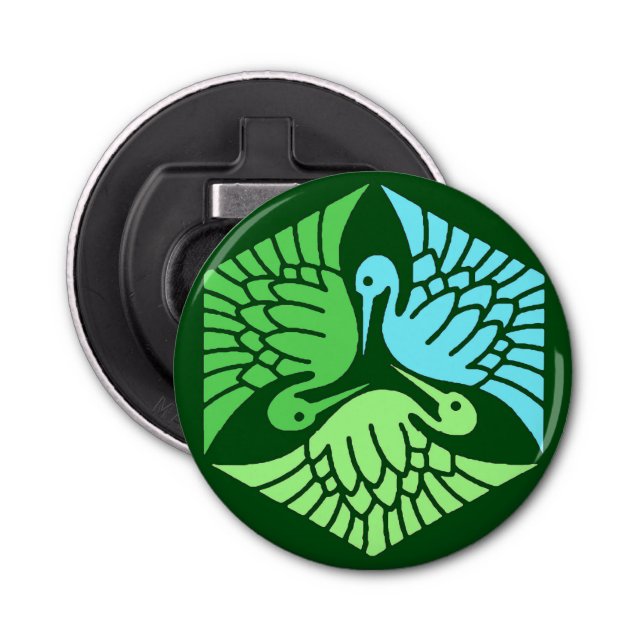 Japanese Cranes, Jade Green and Light Blue Bottle Opener (Front)