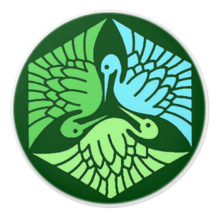 Japanese Cranes, Jade Green and Light Blue Ceramic Knob