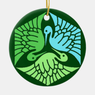 Japanese Cranes, Jade Green and Light Blue  Ceramic Ornament