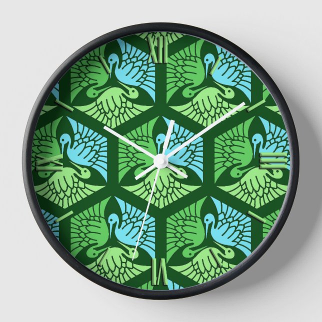 Japanese Cranes, Jade Green and Light Blue Clock (Front)