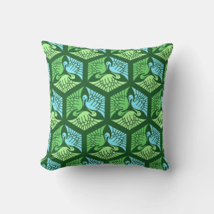 Japanese Cranes, Jade Green and Light Blue Cushion