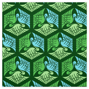 Japanese Cranes, Jade Green and Light Blue Fabric