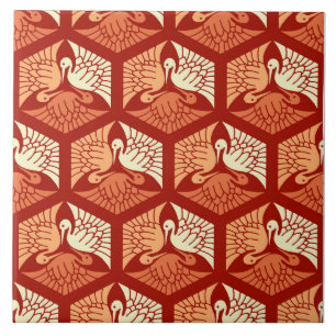 Japanese Cranes, Mandarin and Light Orange Ceramic Tile
