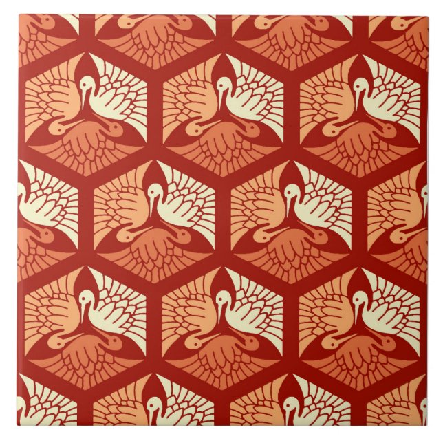 Japanese Cranes, Mandarin and Light Orange Ceramic Tile (Front)