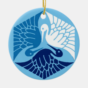 Japanese Cranes, Navy, White, and Light Blue  Ceramic Ornament