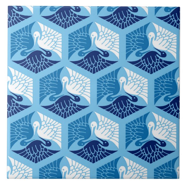 Japanese Cranes, Navy, White, and Light Blue  Ceramic Tile (Front)