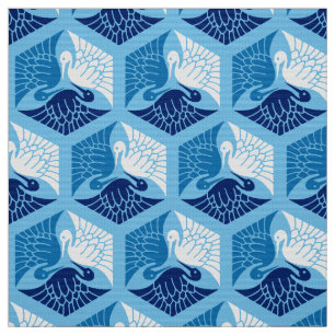 Japanese Cranes, Navy, White, and Light Blue Fabric
