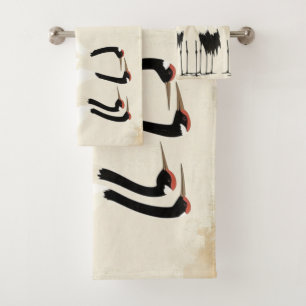 Japanese Cranes on Beige Bath Towel Set
