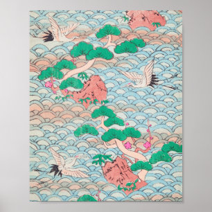 Japanese Cranes on Waves Vintage Pattern Poster