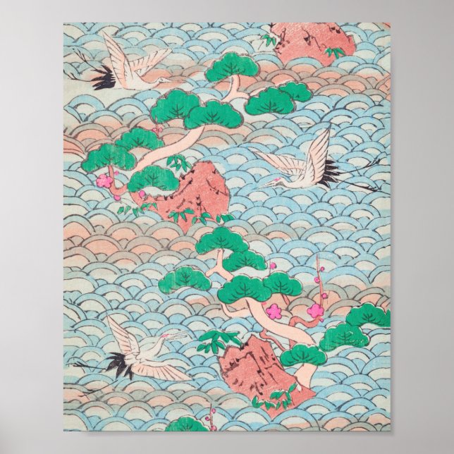 Japanese Cranes on Waves Vintage Pattern Poster (Front)