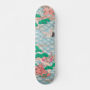 Japanese Cranes on Waves Vintage Pattern Skateboard