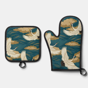 Japanese Cranes Oven Mitt & Pot Holder Set