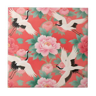 Japanese Cranes Peonies Red Chinoiserie Elegance Ceramic Tile