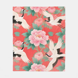 Japanese Cranes Peonies Red Chinoiserie Elegance Fleece Blanket