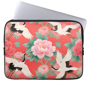 Japanese Cranes Peonies Red Chinoiserie Elegance Laptop Sleeve