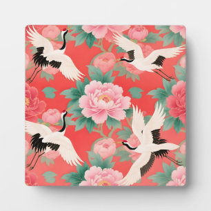 Japanese Cranes Peonies Red Chinoiserie Elegance Plaque