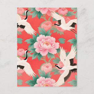 Japanese Cranes Peonies Red Chinoiserie Elegance Postcard