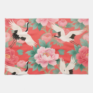 Japanese Cranes Peonies Red Chinoiserie Elegance Tea Towel