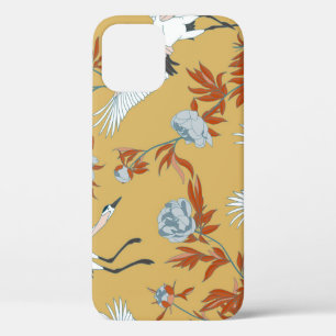 Japanese cranes, peony, sequins pattern iPhone 12 case