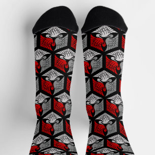 Japanese Cranes, Red, Gray / Grey and Black Socks