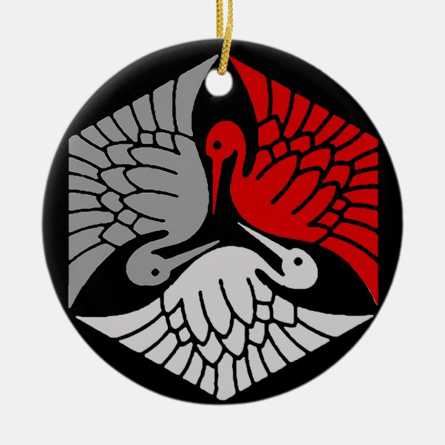 Japanese Cranes, Red, Grey / Grey and Black  Ceramic Ornament (Front)