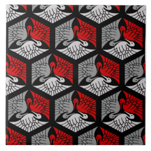 Japanese Cranes, Red, Grey / Grey and Black Ceramic Tile