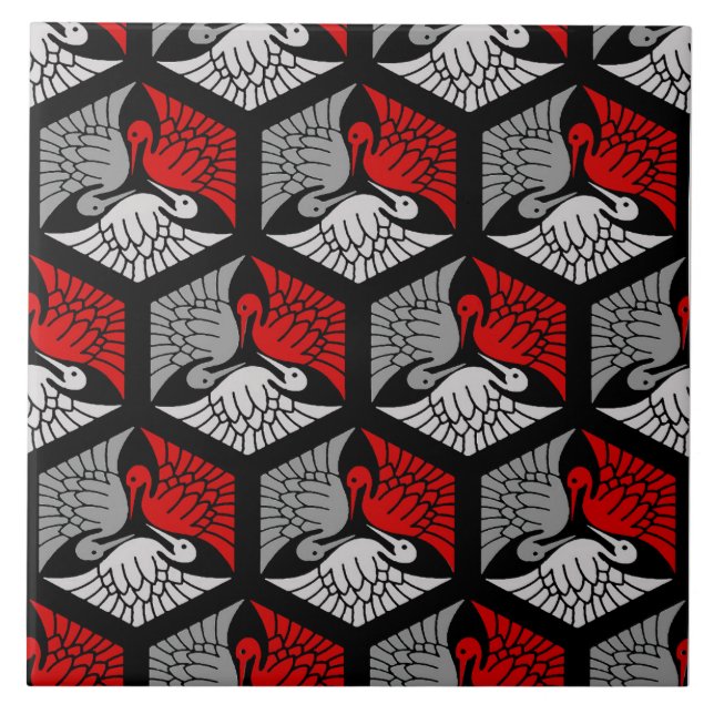 Japanese Cranes, Red, Grey / Grey and Black  Ceramic Tile (Front)
