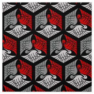 Japanese Cranes, Red, Grey / Grey and Black Fabric