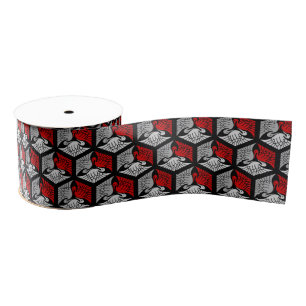 Japanese Cranes, Red, Grey / Grey and Black Grosgrain Ribbon