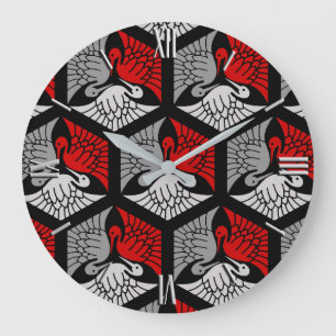 Japanese Cranes, Red, Grey / Grey and Black Large Clock