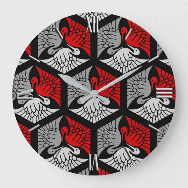 Japanese Cranes, Red, Grey / Grey and Black Large Clock (Front)