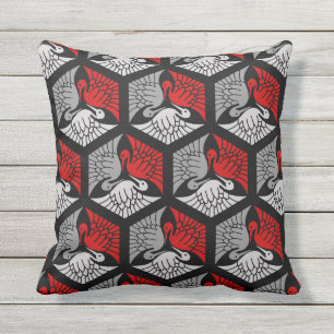 Japanese Cranes, Red, Grey / Grey and Black Outdoor Cushion