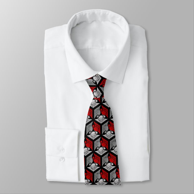 Japanese Cranes, Red, Grey / Grey and Black Tie (Tied)