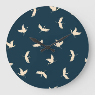 Japanese Cranes Silhouette Vintage Pattern Large Clock
