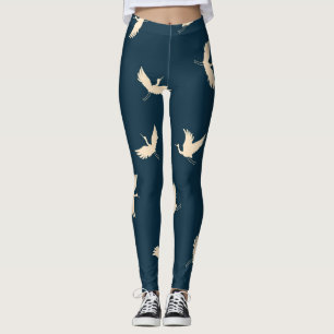 Japanese Cranes Silhouette Vintage Pattern Leggings