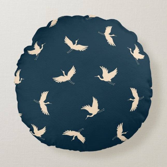 Japanese Cranes Silhouette Vintage Pattern Round Cushion (Front)