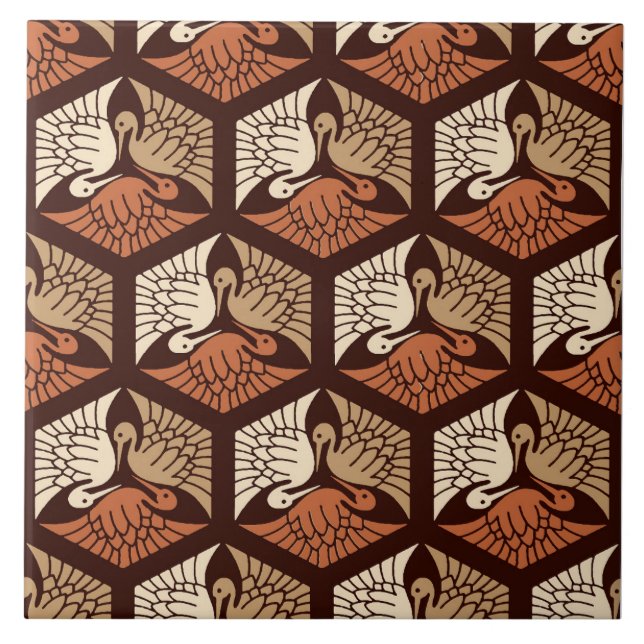 Japanese Cranes, Tan, Rust & Chocolate Brown  Cera Ceramic Tile (Front)