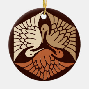 Japanese Cranes, Tan, Rust & Chocolate Brown  Ceramic Ornament